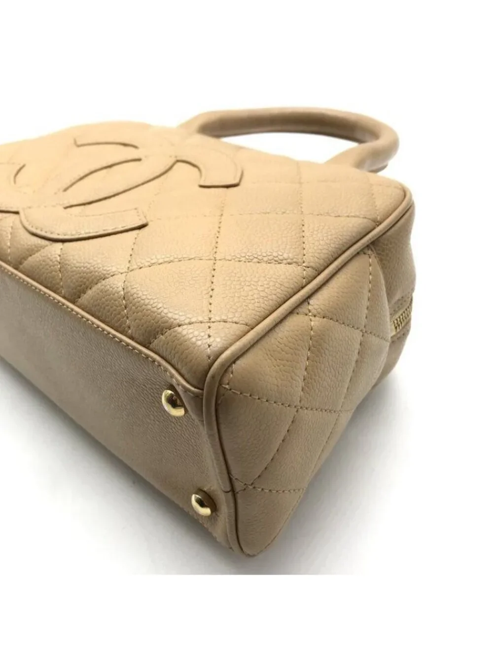 Chanel CC Logo Jumbo CC Quilted Mini Boston Hand Bag Beige